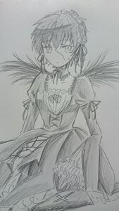 Rating: Safe Score: 0 Tags: 1girl dress frills greyscale image juliet_sleeves long_sleeves looking_at_viewer maid monochrome puffy_sleeves sketch solo suigintou traditional_media User: admin