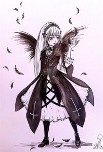 Rating: Safe Score: 0 Tags: 1girl bird bird_on_hand black_feathers crow dove dress feathers full_body hairband image long_hair long_sleeves monochrome solo standing suigintou User: admin