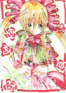 Rating: Safe Score: 0 Tags: 1girl blonde_hair bow bowtie dress drill_hair flower green_eyes hina_ichigo image long_hair long_sleeves looking_at_viewer marker_(medium) pink_bow red_bow rose shinku solo traditional_media twin_drills User: admin