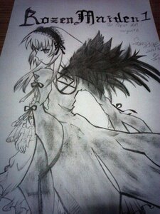 Rating: Safe Score: 0 Tags: 1girl black_wings dress flower frilled_sleeves frills greyscale hairband image long_hair long_sleeves looking_at_viewer monochrome ribbon simple_background solo standing suigintou traditional_media very_long_hair wings User: admin