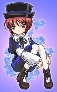 Rating: Safe Score: 0 Tags: 1girl blue_flower blue_rose boots brown_hair dress flower frills green_eyes hat heterochromia image long_sleeves pantyhose red_eyes rose short_hair solo souseiseki User: admin