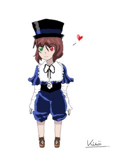 Rating: Safe Score: 0 Tags: 1girl brown_hair full_body green_eyes hat heart heterochromia image long_sleeves looking_at_viewer red_eyes ribbon short_hair solo souseiseki top_hat white_background User: admin