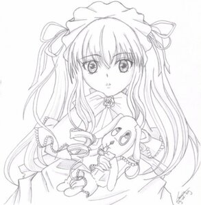 Rating: Safe Score: 0 Tags: 1girl dress frills greyscale image jewelry long_hair long_sleeves looking_at_viewer monochrome ribbon rose shinku simple_background solo stuffed_animal upper_body very_long_hair white_background User: admin