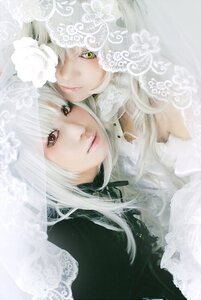 Rating: Safe Score: 0 Tags: 2girls closed_mouth flower lace lips long_hair looking_at_viewer multiple_cosplay multiple_girls siblings sisters tagme white_flower white_hair white_rose white_theme User: admin