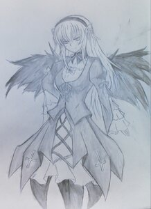 Rating: Safe Score: 0 Tags: 1girl dress feathered_wings graphite_(medium) greyscale hairband image long_hair long_sleeves looking_at_viewer monochrome simple_background solo standing suigintou thighhighs traditional_media wings User: admin