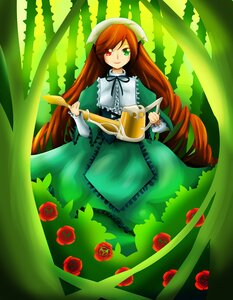 Rating: Safe Score: 0 Tags: 1girl brown_hair dress flower frills green_dress green_eyes heterochromia image long_hair long_sleeves looking_at_viewer red_eyes rose smile solo suiseiseki very_long_hair watering_can User: admin