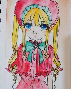 Rating: Safe Score: 0 Tags: 1girl blonde_hair blue_eyes bonnet bow bowtie closed_mouth dress drill_hair flower frills green_bow hat image long_hair looking_at_viewer marker_(medium) photo rose shinku sidelocks simple_background solo traditional_media twin_drills twintails upper_body watercolor_(medium) User: admin