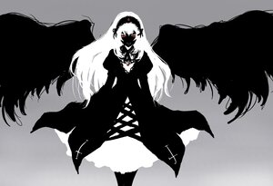 Rating: Safe Score: 0 Tags: 1girl black_wings dress feathered_wings gradient gradient_background grey_background greyscale hairband image long_hair long_sleeves monochrome solo spot_color suigintou very_long_hair wings User: admin