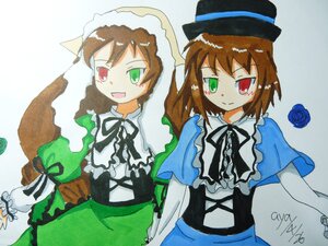 Rating: Safe Score: 0 Tags: 2girls :d blue_dress brown_hair dress frills green_dress green_eyes hat heterochromia image long_hair long_sleeves looking_at_viewer multiple_girls open_mouth pair red_eyes ribbon short_hair siblings sisters smile souseiseki suiseiseki top_hat twins User: admin