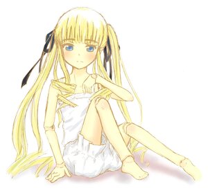 Rating: Safe Score: 0 Tags: 1girl bare_shoulders barefoot blonde_hair blue_eyes blush dress hair_ribbon image long_hair ribbon shinku sitting solo twintails very_long_hair white_dress User: admin