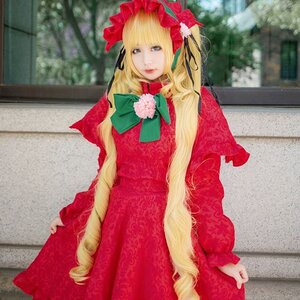 Rating: Safe Score: 0 Tags: 1girl blonde_hair blue_eyes blurry bonnet bow bowtie building dress flower green_bow green_neckwear house long_hair long_sleeves looking_at_viewer photo red_dress shinku solo User: admin
