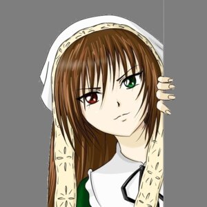 Rating: Safe Score: 0 Tags: 1girl apron bangs brown_hair closed_mouth green_eyes head_scarf heterochromia image long_hair looking_at_viewer simple_background solo suiseiseki white_background User: admin