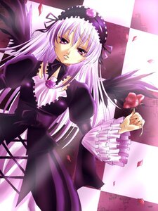 Rating: Safe Score: 0 Tags: 1girl argyle argyle_background black_wings checkered checkered_background checkered_floor dress flower frills hairband image long_hair long_sleeves looking_at_viewer petals pink_eyes rose solo suigintou wings User: admin