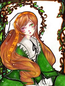 Rating: Safe Score: 0 Tags: 1girl brown_hair dress flower green_dress green_eyes heterochromia image long_hair long_sleeves looking_at_viewer plant solo suiseiseki traditional_media very_long_hair vines white_background User: admin
