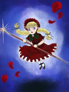 Rating: Safe Score: 0 Tags: 1girl blonde_hair blue_background blue_eyes bonnet braid dress flower flying green_bow hat image long_hair night open_mouth petals red_dress rose rose_petals shinku shoes solo twin_braids twintails User: admin