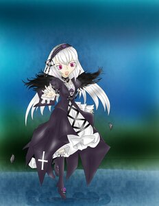 Rating: Safe Score: 0 Tags: 1girl dress feathers frilled_sleeves frills hairband image lolita_hairband long_hair long_sleeves looking_at_viewer open_mouth pink_eyes ribbon silver_hair smile solo standing_on_liquid suigintou water wings User: admin
