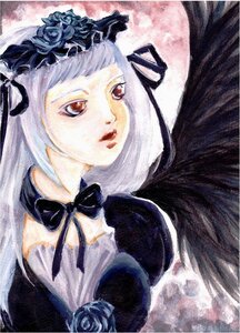 Rating: Safe Score: 0 Tags: 1girl blue_flower blue_rose dress flower full_moon gothic_lolita hair_ornament image lips lolita_fashion long_hair moon red_eyes ribbon rose solo suigintou traditional_media white_hair wings User: admin