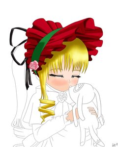 Rating: Safe Score: 0 Tags: 1girl blonde_hair blush bonnet closed_eyes dress drill_hair flower image long_hair long_sleeves rose shinku solo striped striped_background stuffed_animal vertical_stripes User: admin