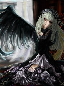 Rating: Safe Score: 0 Tags: 1girl black_dress black_wings dress flower frills gothic_lolita hairband image juliet_sleeves lolita_fashion long_hair long_sleeves looking_at_viewer puffy_sleeves red_eyes ribbon rose silver_hair sitting solo suigintou wings User: admin