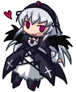 Rating: Safe Score: 0 Tags: 1girl black_wings chibi dress hairband heart image juliet_sleeves long_hair long_sleeves pink_eyes purple_eyes simple_background smile solo striped suigintou white_background wings User: admin