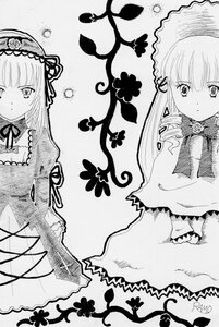 Rating: Safe Score: 0 Tags: 2girls bangs blunt_bangs blush closed_mouth dress eyebrows_visible_through_hair flower greyscale hairband image long_hair long_sleeves looking_at_viewer monochrome multiple_girls pair ribbon rose shinku suigintou User: admin