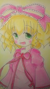 Rating: Safe Score: 0 Tags: 1girl :d blonde_hair blush bow dress drill_hair frills green_eyes hina_ichigo hinaichigo image long_sleeves looking_at_viewer open_mouth pink_bow ribbon simple_background smile solo traditional_media upper_body User: admin