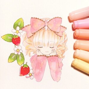 Rating: Safe Score: 0 Tags: 1girl blonde_hair bow closed_eyes drill_hair flower food fruit hair_bow hina_ichigo hinaichigo image long_sleeves pink_bow smile solo strawberry striped striped_background traditional_media User: admin