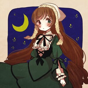 Rating: Safe Score: 0 Tags: 1girl blush brown_hair crescent_moon dress frills green_dress green_eyes heterochromia image long_hair long_sleeves moon red_eyes solo suiseiseki very_long_hair User: admin