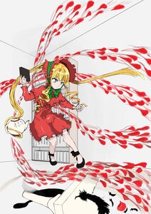 Rating: Safe Score: 0 Tags: 1girl black_footwear blonde_hair blue_eyes bonnet bow bowtie dress frills full_body image long_hair long_sleeves looking_at_viewer red_dress shinku shoes solo standing twintails User: admin