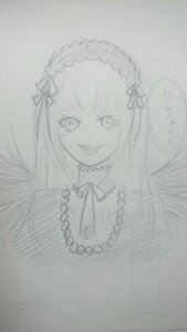 Rating: Safe Score: 0 Tags: 1girl frills graphite_(medium) hairband image lolita_hairband long_hair looking_at_viewer monochrome sketch smile solo suigintou traditional_media User: admin