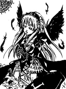 Rating: Safe Score: 0 Tags: 1girl bird blush dress feathers frills greyscale hairband image lolita_hairband long_hair long_sleeves monochrome simple_background solo suigintou white_background wings User: admin