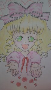 Rating: Safe Score: 0 Tags: 1girl blonde_hair bow dress drill_hair flower frills green_eyes hina_ichigo hinaichigo image long_sleeves looking_at_viewer open_mouth pink_bow rose simple_background smile solo traditional_media watercolor_(medium) User: admin