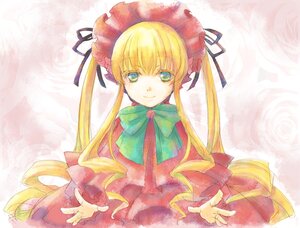 Rating: Safe Score: 0 Tags: 1girl blonde_hair bonnet bow bowtie dress flower green_bow green_neckwear hat image long_hair long_sleeves looking_at_viewer red_dress shinku smile solo twintails upper_body very_long_hair User: admin