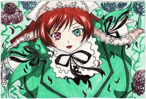 Rating: Safe Score: 0 Tags: 1girl dress green_eyes hat heterochromia image long_hair long_sleeves looking_at_viewer marker_(medium) open_mouth red_eyes ribbon smile solo suiseiseki traditional_media User: admin