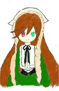 Rating: Safe Score: 0 Tags: 1girl bangs black_ribbon brown_hair dress green_eyes head_scarf heterochromia image long_hair long_sleeves looking_at_viewer red_eyes ribbon simple_background solo standing suiseiseki very_long_hair white_background User: admin