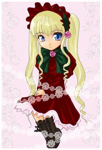 Rating: Safe Score: 0 Tags: 1girl blonde_hair blue_eyes bonnet bow bowtie cross-laced_footwear dress flower green_bow image long_hair long_sleeves looking_at_viewer pink_background pink_rose red_dress rose shinku solo striped twintails very_long_hair User: admin