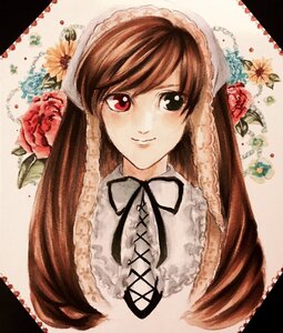 Rating: Safe Score: 0 Tags: 1girl brown_hair flower frills hat heterochromia image long_hair red_eyes red_flower red_rose ribbon rose smile solo suiseiseki traditional_media upper_body User: admin