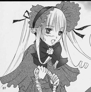 Rating: Safe Score: 0 Tags: 1girl blush bonnet bow bowtie dress flower frills greyscale image long_hair long_sleeves monochrome open_mouth rose shinku solo twintails upper_body User: admin