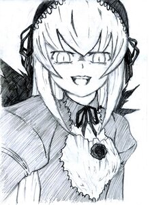 Rating: Safe Score: 0 Tags: 1girl :d dress flower frills greyscale hairband image long_hair long_sleeves looking_at_viewer monochrome open_mouth ribbon rose simple_background smile solo suigintou traditional_media upper_body white_background wings User: admin