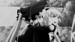 Rating: Safe Score: 0 Tags: 2girls blush greyscale hairband hat image long_hair long_sleeves monochrome multiple_girls open_mouth outdoors pair profile shinku smile suigintou tree User: admin