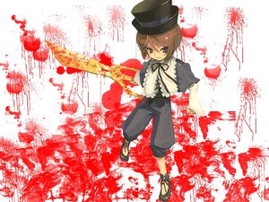 Rating: Safe Score: 0 Tags: auto_tagged blood blood_on_face blood_splatter bloody_clothes bloody_hands bloody_weapon brown_hair hat image long_sleeves paint_splatter ribbon shorts solo souseiseki standing top_hat User: admin