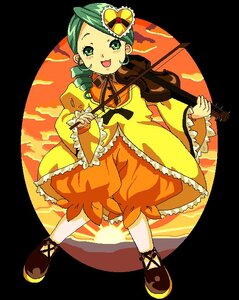Rating: Safe Score: 0 Tags: 1girl auto_tagged dress frills full_body green_eyes green_hair image instrument kanaria long_sleeves musical_note open_mouth orange_dress playing_instrument smile solo transparent_background violin User: admin