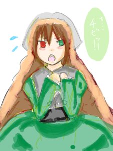 Rating: Safe Score: 0 Tags: 1girl brown_hair dress green_dress green_eyes head_scarf heterochromia image long_hair long_sleeves looking_at_viewer open_mouth red_eyes simple_background sketch solo suiseiseki upper_body white_background User: admin