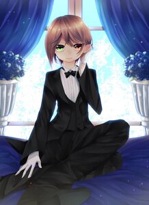 Rating: Safe Score: 0 Tags: 1boy blue_flower blue_rose bouquet bow bowtie brown_hair curtains flower green_eyes heterochromia image indoors looking_at_viewer rose sitting smile solo souseiseki tuxedo window User: admin