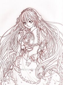 Rating: Safe Score: 0 Tags: 1girl dress frills greyscale image long_hair long_sleeves looking_at_viewer monochrome ribbon smile solo suiseiseki very_long_hair User: admin