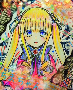 Rating: Safe Score: 0 Tags: 1girl blonde_hair blue_eyes company_name copyright_name flower hair_ribbon image long_hair looking_at_viewer ribbon rose shinku solo traditional_media twin_drills twintails upper_body User: admin