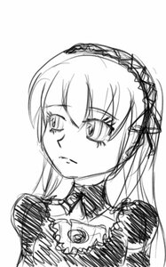 Rating: Safe Score: 0 Tags: 1girl closed_mouth dress frills greyscale hairband image lolita_hairband long_hair long_sleeves monochrome simple_background solo suigintou upper_body white_background User: admin