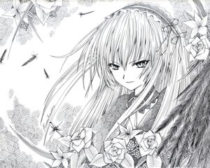 Rating: Safe Score: 0 Tags: 1girl bird feathers flower greyscale hairband image long_hair looking_at_viewer monochrome ribbon rose smile solo suigintou traditional_media two_side_up upper_body wings User: admin