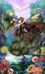 Rating: Safe Score: 0 Tags: 1girl auto_tagged bird brown_hair cloud dress flower frills green_dress image lake long_hair long_sleeves looking_at_viewer nature outdoors red_eyes red_flower rose sky solo suiseiseki tree very_long_hair water User: admin