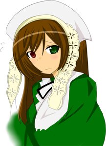 Rating: Safe Score: 0 Tags: 1girl apron bangs blush brown_hair dress flying_sweatdrops frown green_dress green_eyes hat head_scarf heterochromia image long_hair long_sleeves looking_at_viewer solo suiseiseki upper_body white_background User: admin
